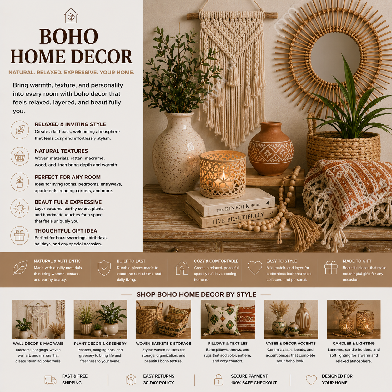 Boho home decor for living room, bedroom, apartment, and entryway with macrame wall hangings, rattan accents, woven baskets, boho throw pillows, layered area rugs, decorative vases, indoor plants