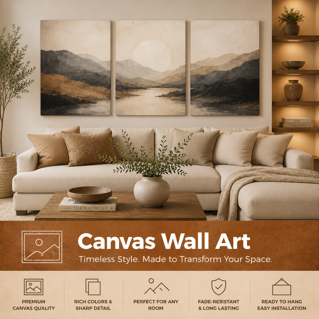 Canvas wall art and modern canvas prints for living room, bedroom, dining room, hallway, apartment, and home office wall decor.