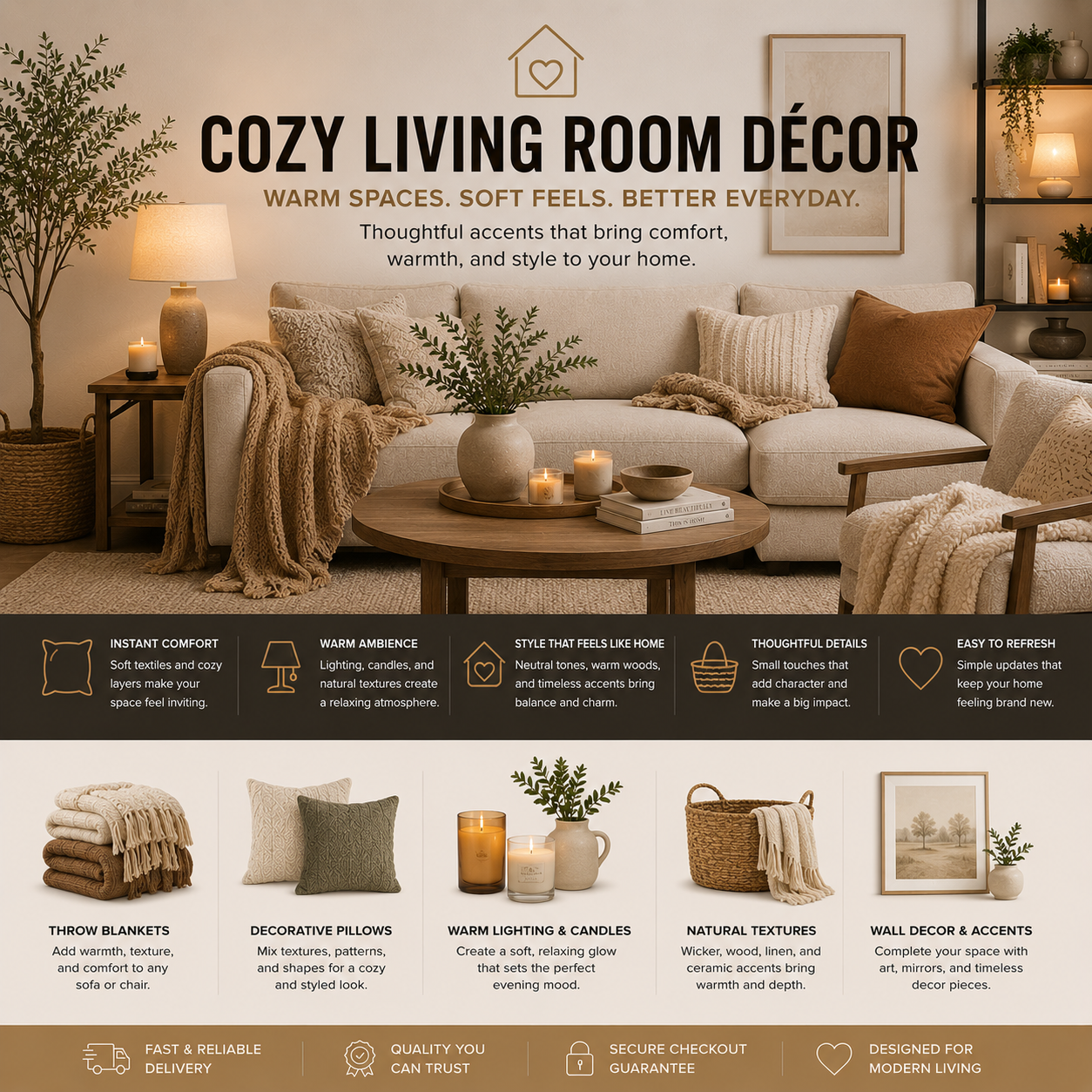 Cozy living room decor with throw pillows, blankets, soft rugs, warm lighting, side tables, wall decor, and neutral home accents for modern home styling.