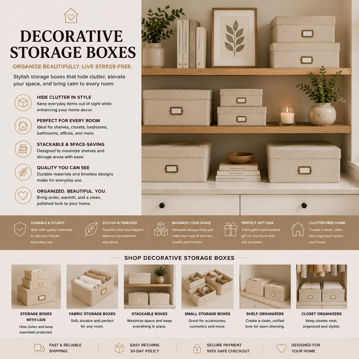 Decorative storage boxes with lids for shelves, closets, bedrooms, offices, small item organization, stackable storage, fabric boxes, and clutter-free home decor.