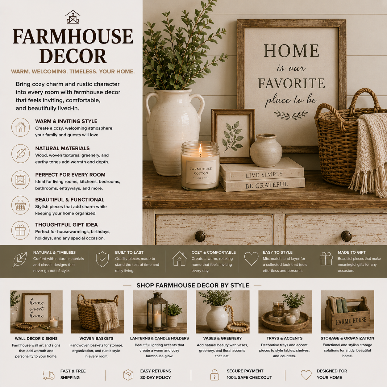Farmhouse decor for living room, bedroom, kitchen, bathroom, and entryway with modern farmhouse wall decor, rustic wood accents, woven baskets, farmhouse signs, lanterns, vases, greenery