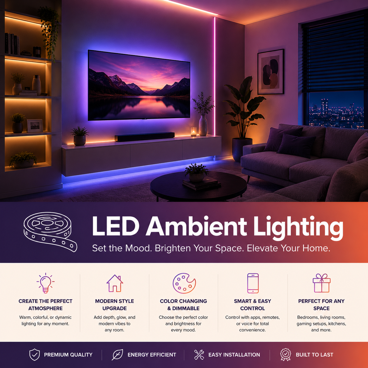 LED ambient lighting and smart LED strip lights for bedroom, living room, gaming room, TV wall, shelves, kitchen, apartment, and modern home mood lighting.