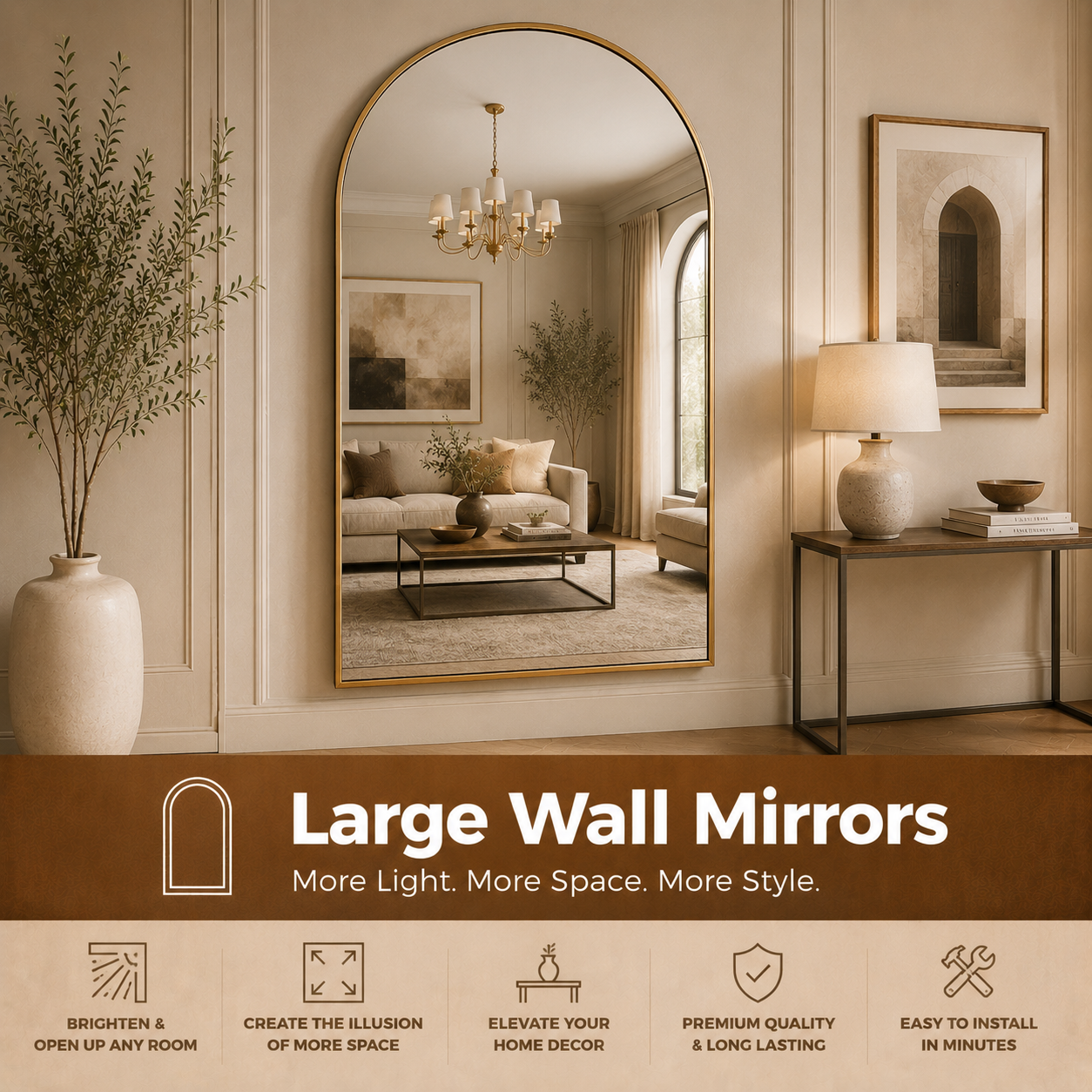Large wall mirrors and oversized decorative mirrors for living room, bedroom, entryway, hallway, bathroom, apartment, and modern home styling.
