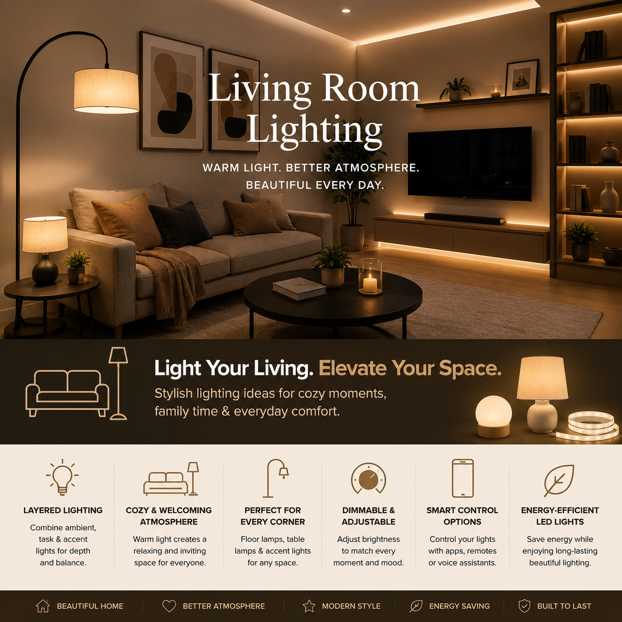 Living room lighting with modern floor lamps, table lamps, smart LED lights, ambient lighting, reading lamps, and accent lights for cozy home decor.