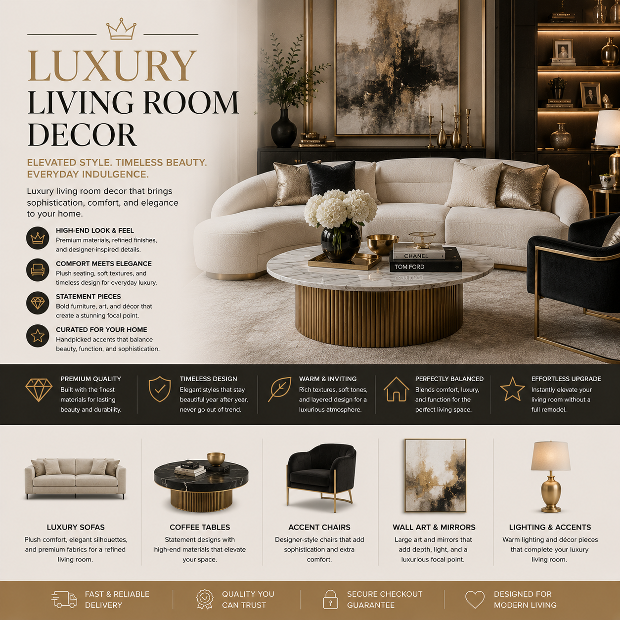 Luxury living room decor with premium sofas, accent chairs, coffee tables, wall art, decorative mirrors, warm lighting, and elegant home accents.