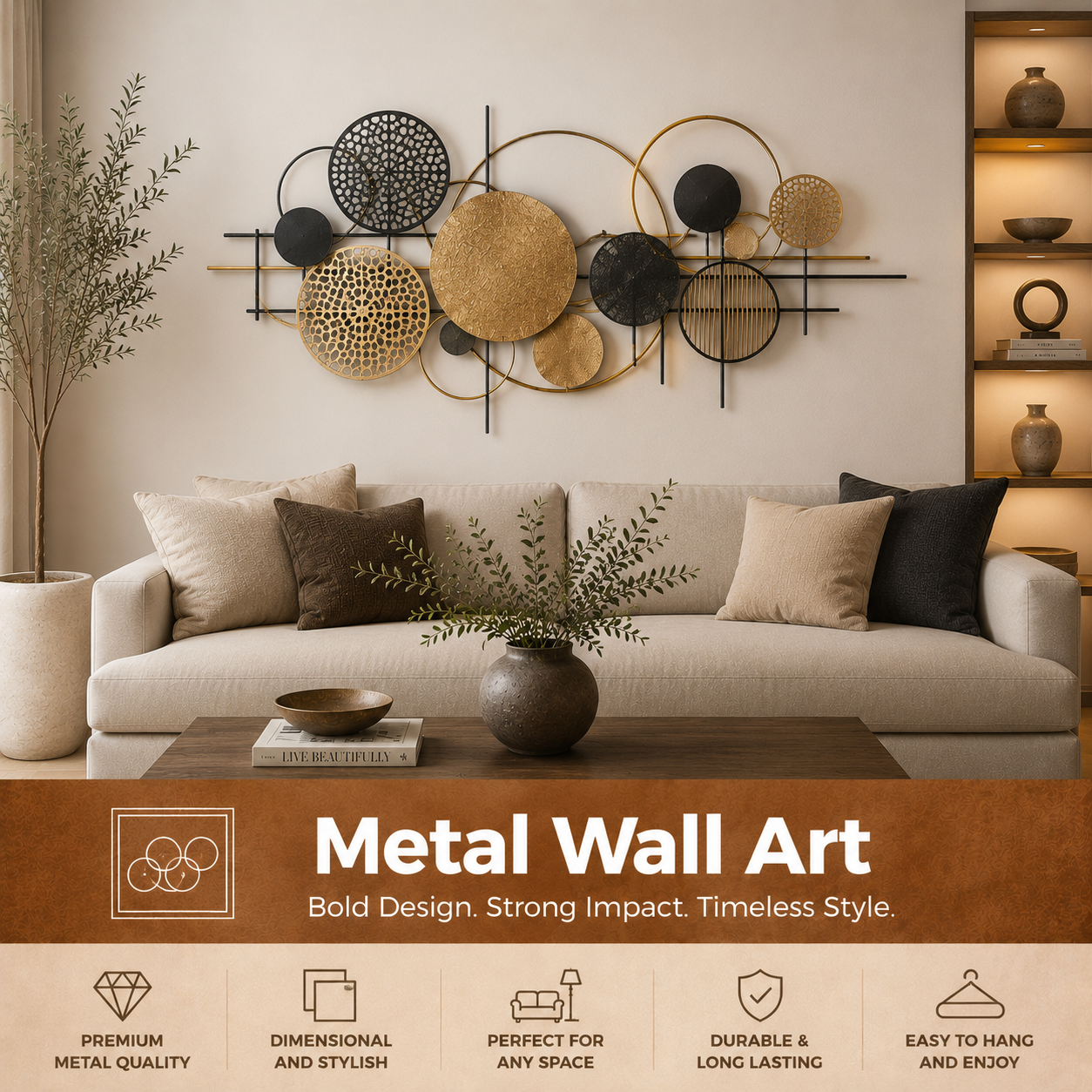 Metal wall art and modern metal wall decor for living room, bedroom, dining room, entryway, hallway, office, and statement wall styling.