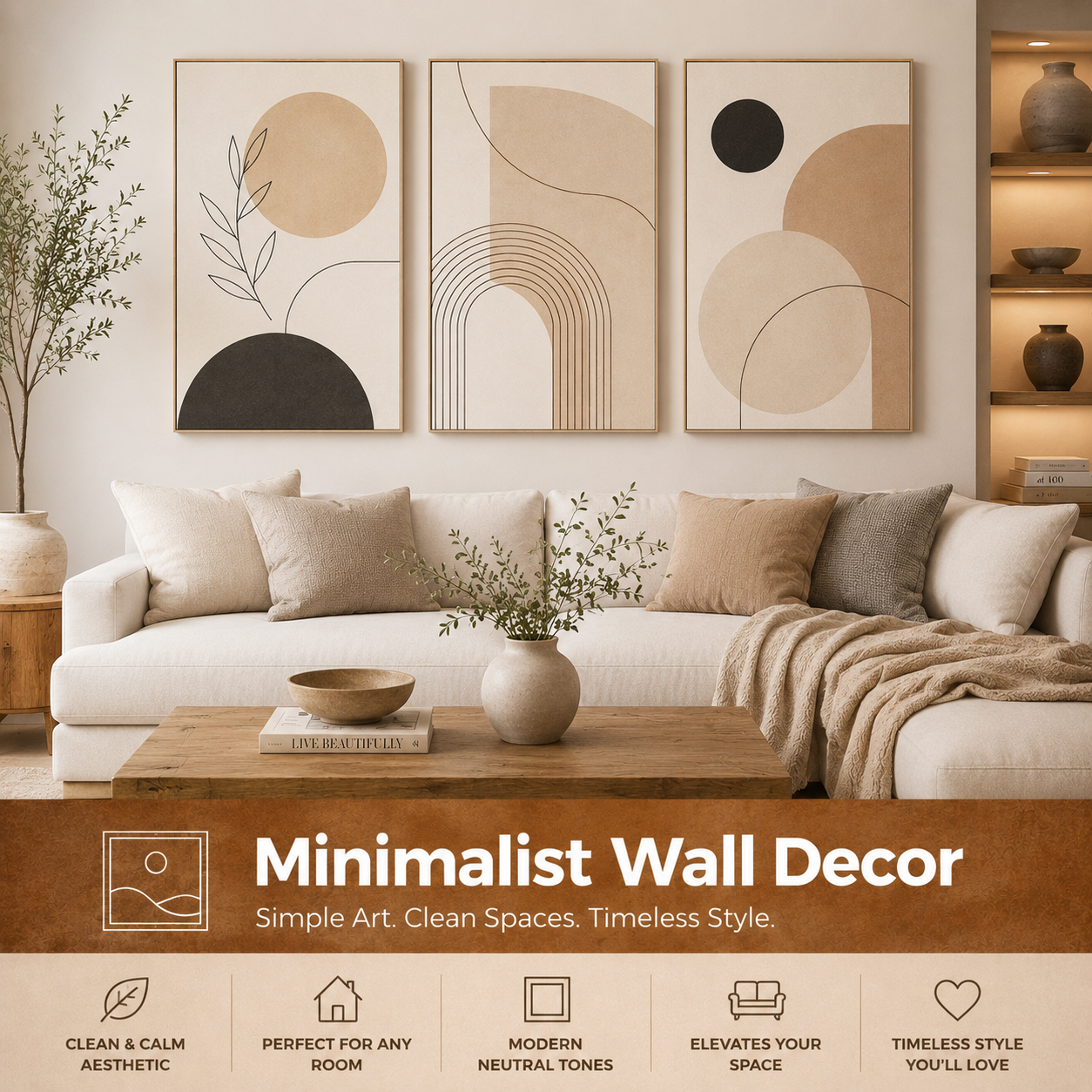 Minimalist wall decor with modern neutral wall art for living room, bedroom, apartment, hallway, and home office styling.