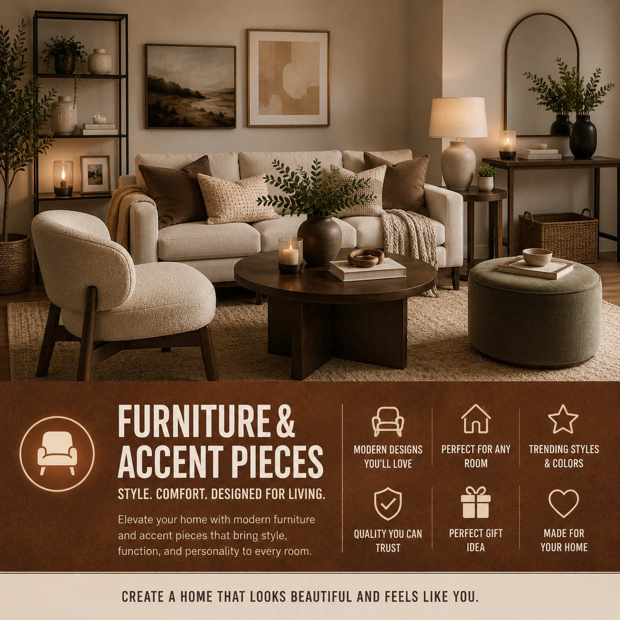 Modern accent furniture and stylish home decor pieces displayed inside a cozy contemporary American living room interior