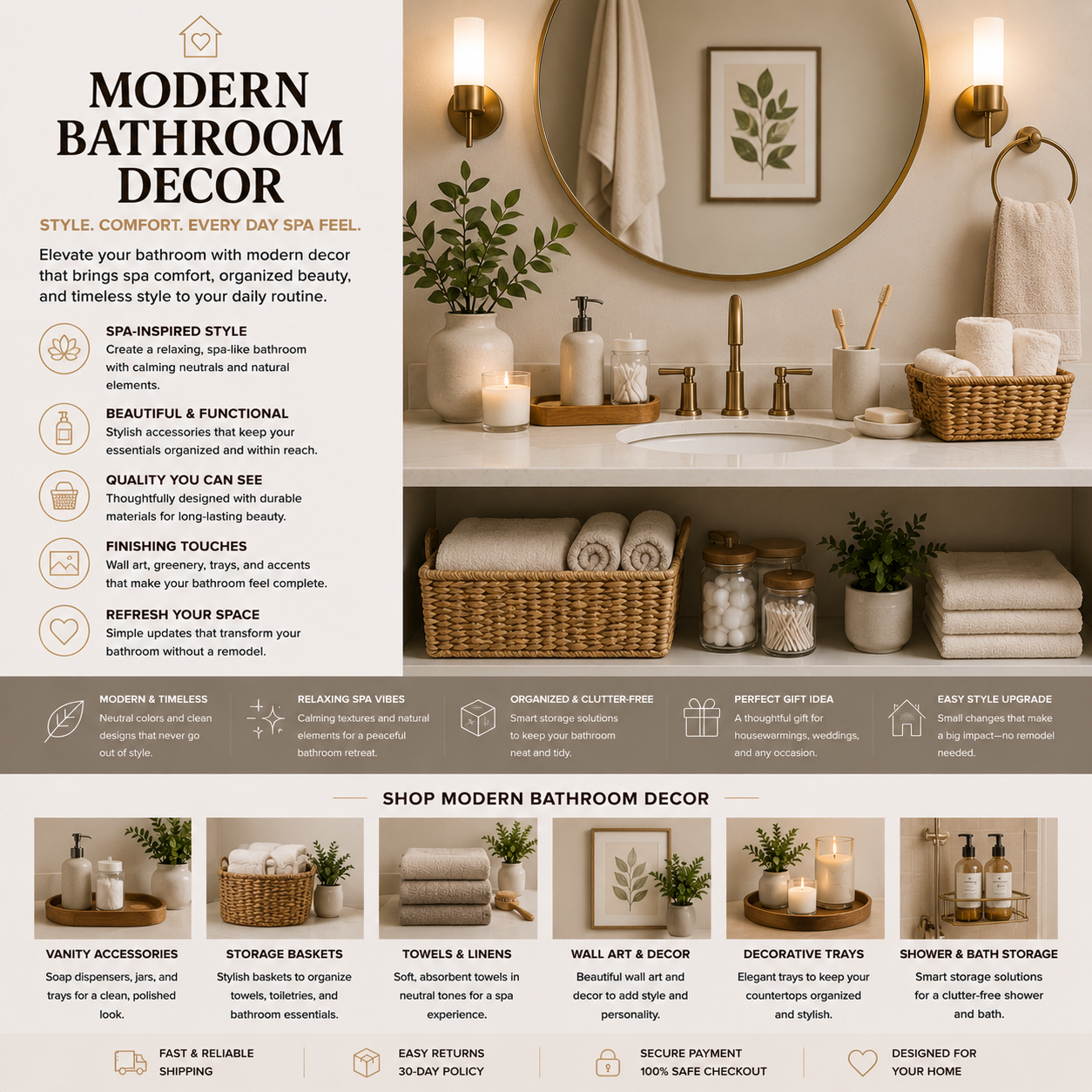 Modern bathroom decor with spa bathroom accessories, vanity organizers, neutral towels, bathroom wall art, shower storage, decorative trays, wood accents, and warm neutral styling.