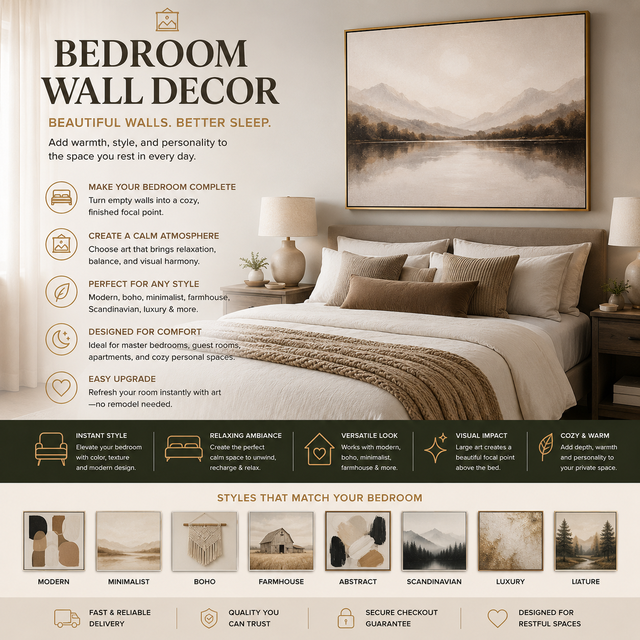 Modern bedroom wall decor with framed wall art above a cozy bed in a warm neutral home decor style.