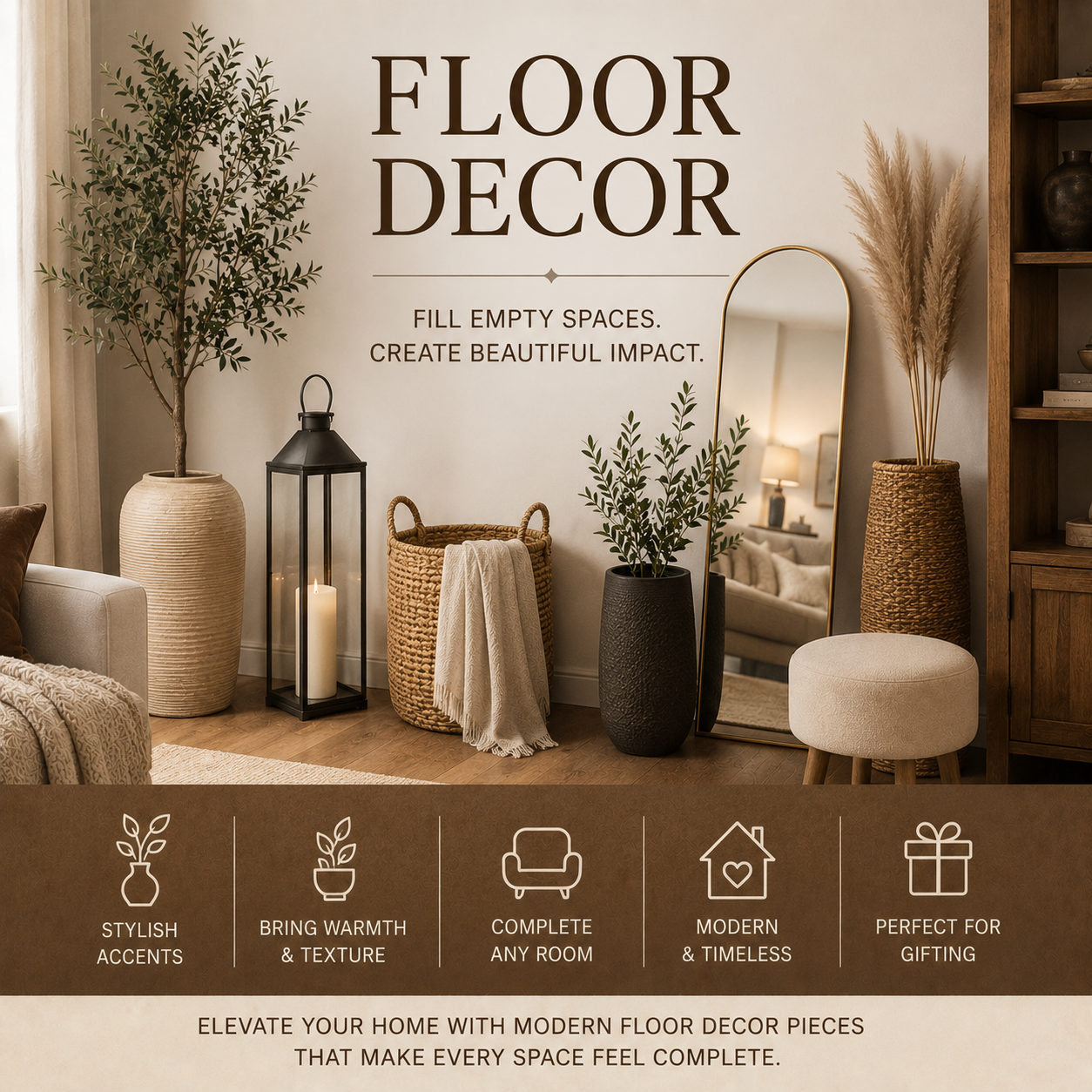 Modern floor decor and stylish decorative accents displayed inside a cozy contemporary American home interior