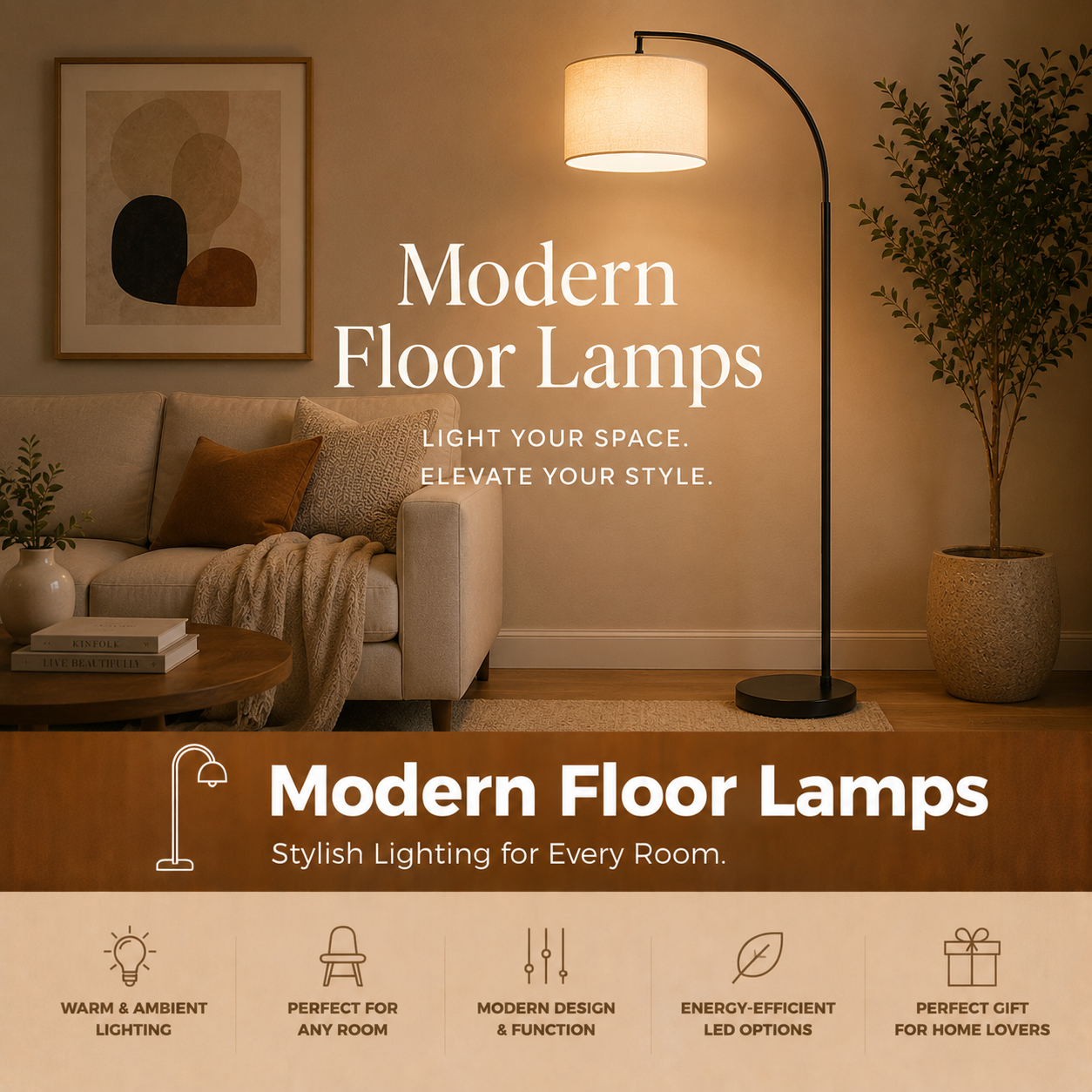 Modern floor lamps and standing LED lamps for living room, bedroom, reading corner, office, apartment, dorm room, and cozy home lighting.