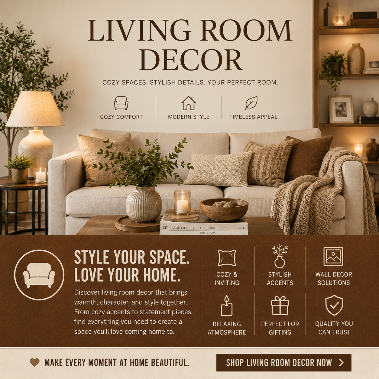 Modern living room decor and cozy home accessories displayed inside a warm contemporary American living room interior