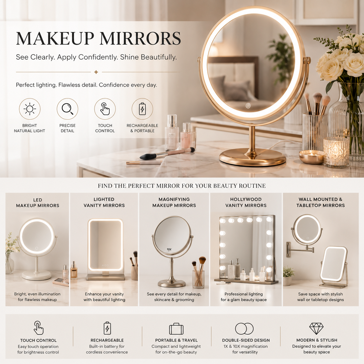 Modern makeup mirror with LED lighting, magnification, vanity setup, and beauty accessories for flawless makeup application