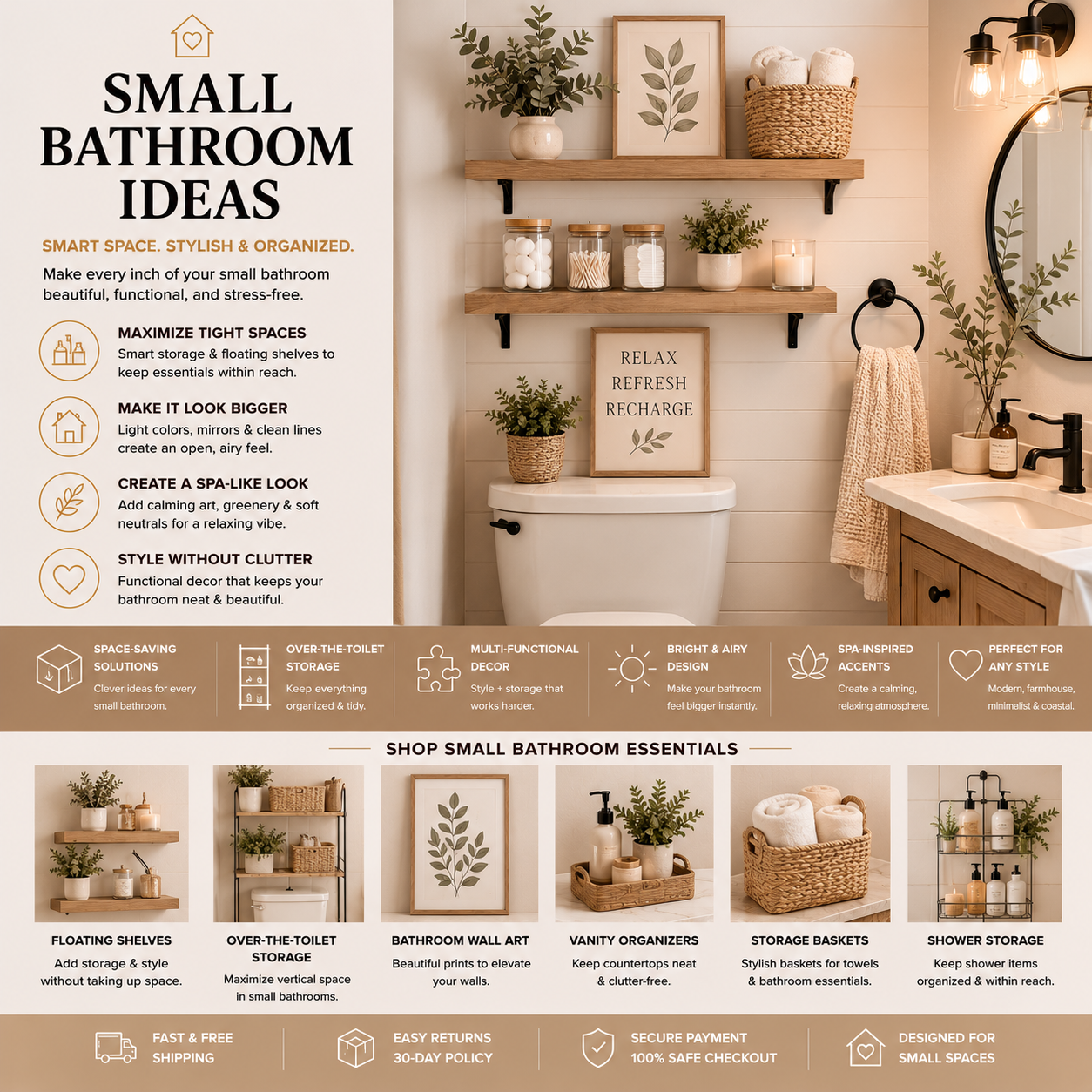 Small bathroom ideas with space-saving over-the-toilet storage, floating shelves, vanity organizers, spa decor, bathroom wall art, and neutral compact bathroom styling.