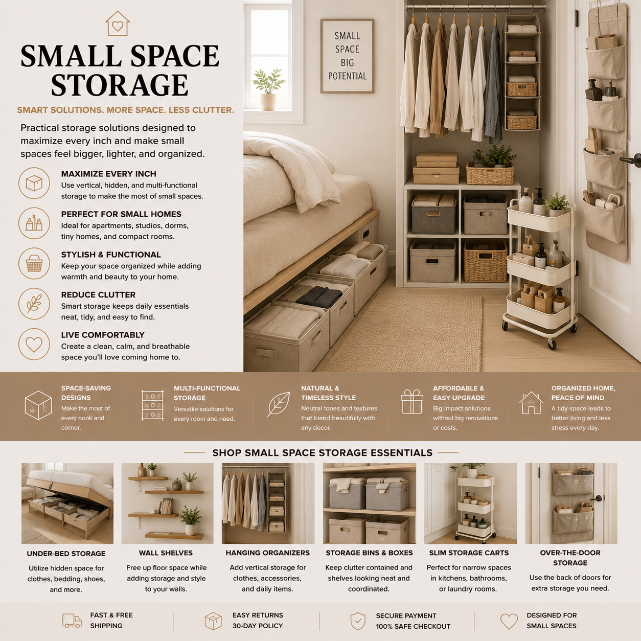 Small space storage solutions for apartments with under-bed storage, closet organizers, storage baskets, wall shelves, bathroom organizers, kitchen bins, and space-saving home organization.