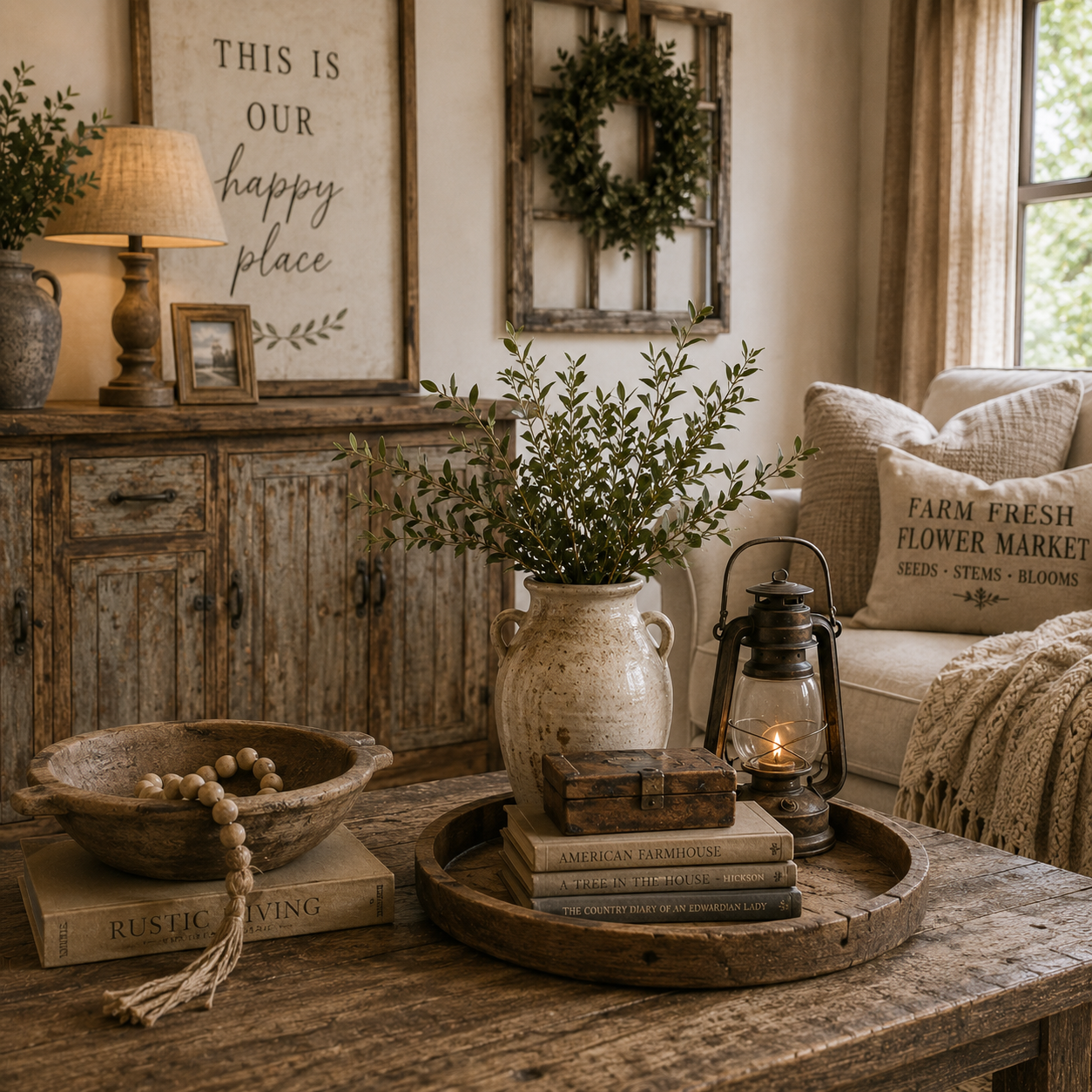 Vintage and rustic home decor displayed inside a cozy farmhouse-inspired American living room interior