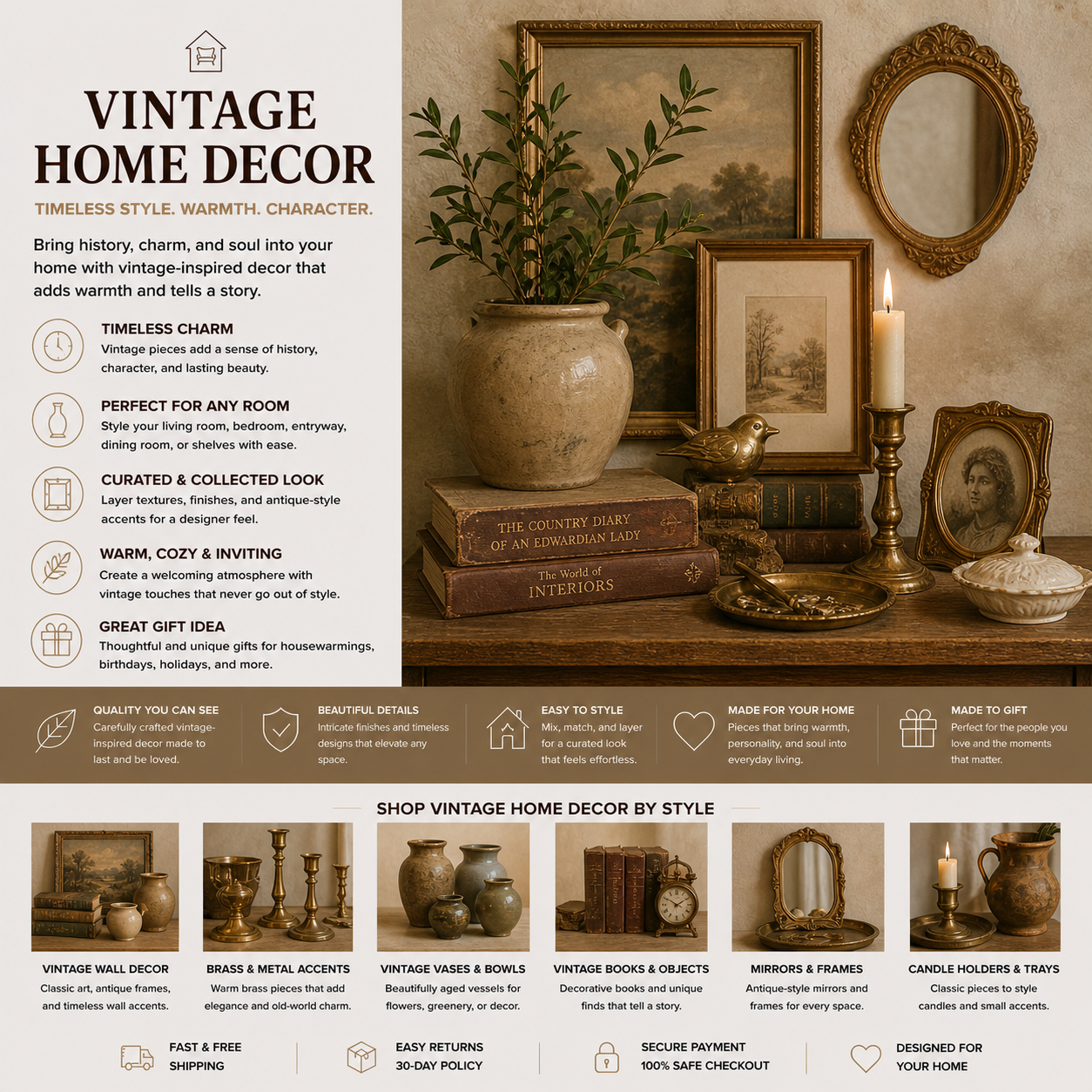 Vintage home decor with antique-style wall art, brass accents, vintage candle holders, retro decorative vases, classic framed prints, old-world mirrors, trays, books, and warm collected living room styling.