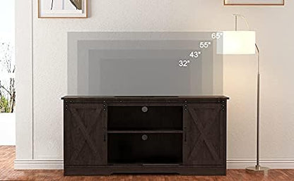 4 EVER WINNER 59" Farmhouse TV Stand, TV Entertainment Center with Sliding Barn Door & Adjustable Shelf for 65" TV, TV Stand for Living Room, Bedroom, Dark Brown
