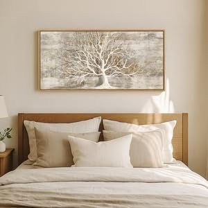 Framed Vintage Tree of Life Wall Art, Neutral Rustic Farmhouse Tree Canvas Painting Print Artwork for Walls, Gray White Beige Modern Abstract Forest Picture for Living Room Bedroom Office Wall Decor