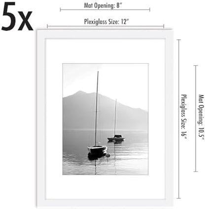 Americanflat 12x16 Picture Frame with Polished Plexiglass - Set of 5 - Use as 8.5x11 Frame with Mat or Display 12x16 Photo Without Mat - Galleria Collection - Picture Frames for Wall Display - White