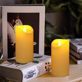 CANDLE CHOICE Outdoor Battery Operated Flameless Candles with Remote Timer Waterproof Flickering Plastic Electric LED Pillar Lights for Lantern Patio Garden Wedding Party Decorations 3x6 Inches 2 PCS
