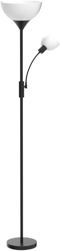 Floor Lamp, Standing Lamp, Torchiere Floor Lamp with Adjustable Reading Lamp, 71" Tall Pole Lamps, 3 Way Switch, Plastic Lampshade, Corner Floor Lamps for Living Room, Bedroom(E26 Base, No Bulb)-Black