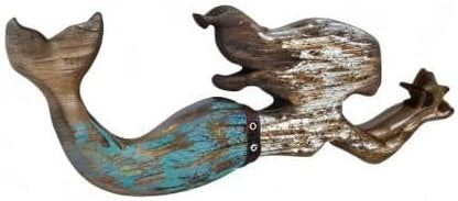 Morning View Wooden Mermaid Wall Decor Nautical Decoration Hanging Mermaid Plaque Large Wall Art Rustic Coastal Beach Ocean Sea for Bathroom Decor Home House 17X6.5 Inches (Teal)