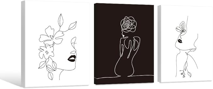 Chadow Artwork Minimalist Line Art Prints Set of 3 Abstract Women Faces Flower Wall Art Black and White Line Drawing Painting Modern Aesthetic Poster for Girls Bedroom Bathroom Living Room Decor