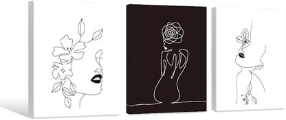Chadow Artwork Minimalist Line Art Prints Set of 3 Abstract Women Faces Flower Wall Art Black and White Line Drawing Painting Modern Aesthetic Poster for Girls Bedroom Bathroom Living Room Decor