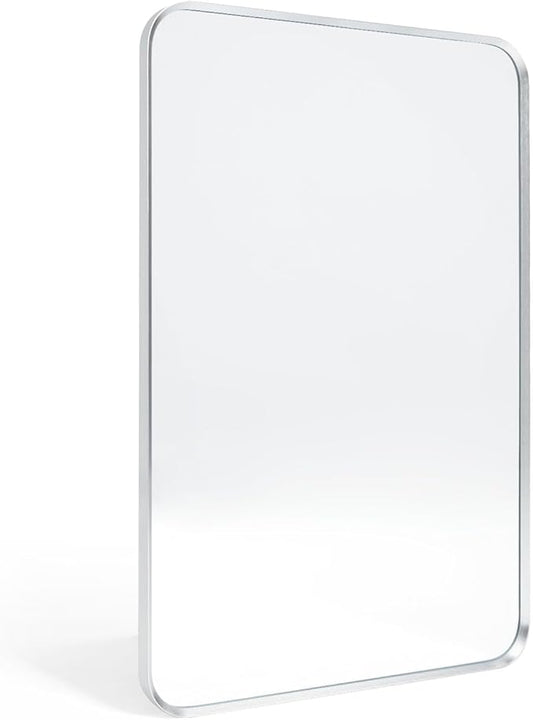Wall Mount Mirror for Bathroom, Brush Silver Metal Framed Rounded Corner Rectangular Vanity Mirror (16" x 20", Silver)