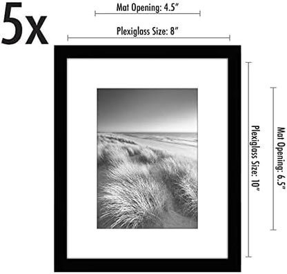 Americanflat 8x10 Picture Frame with Polished Plexiglass - Set of 5 - Use as 5x7 Frame with Mat or Display 8x10 Photo Without Mat - Galleria Collection - Picture Frames for Tabletop and Wall - Black