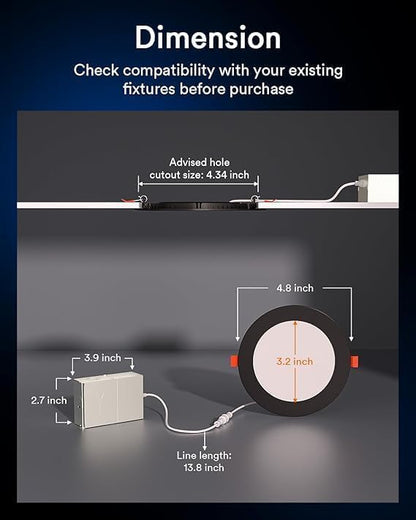 Lumary Black Smart Recessed Lighting 4 Inch, 9W 780LM Color Changing LED Downlight with J-Box, Dimmable Canless Wafer Light, Compatible with Alexa/Google Assistant/BT Remote, ETL Listed, 4 Pack