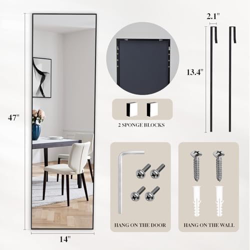 DUMOS 47x14 Full Length Mirror Over the Door, Wall Mounted Full Body Mirror, Door Hanging Metal Aluminum Alloy Frame Dressing Mirror for Bedroom, Living Room, Entryway, Black