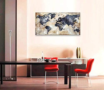 Framed Vintage World Map Canvas Wall Art Navy Blue and Tan Rustic Distressed Style Large Horizontal Print for living Room Bedroom Dining Office Home Artwork Size 36 x 70 in