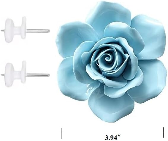 AMERRY 3.94" Ceramic Rose Wall Art, 3D Handmade Porcelain Hanging Sculpture for Home Office Decor (Blue)
