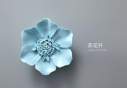 AMERRY Ceramic Flower Wall Art, Artificial 3D Flower Wall Art，Handmade 3D Wall Art Hanging Sculpture，Handmade Porcelain Flower Wall Décor for Home Office Decor (Blue,Bloom Camellia,4.33")