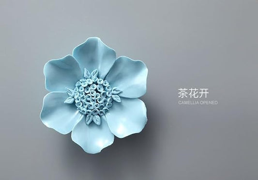 AMERRY Ceramic Flower Wall Art, Artificial 3D Flower Wall Art，Handmade 3D Wall Art Hanging Sculpture，Handmade Porcelain Flower Wall Décor for Home Office Decor (Blue,Bloom Camellia,4.33")