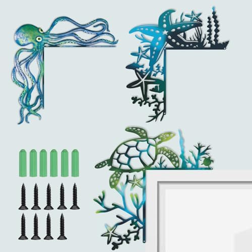 2025 3PCS Ocean Door Frame Decoration Set Metal Turtle Octopus Starfish with Double Sided Silhouette for Window, Door, Shelf, Table, and Corner Sign Home Décor Accent