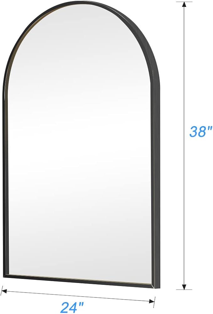 Wall Mounted Mirror, 38x24 Inch Black Bathroom Mirror, Arched Window Mirrors for Wall, Arched Top Mirror with Metal Frame, Vanity Mirror for Living Room or Bedroom