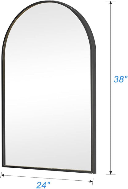 Wall Mounted Mirror, 38x24 Inch Black Bathroom Mirror, Arched Window Mirrors for Wall, Arched Top Mirror with Metal Frame, Vanity Mirror for Living Room or Bedroom