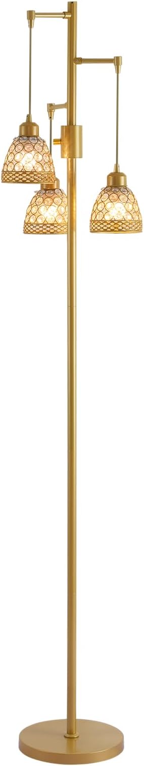 -Modern 3-Head Floor Lamp with Crystal Beads, Industrial Metal Standing Lamp Adjustable Hanging Light for Living Room-Gold