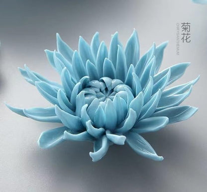 3.35" Ceramic Flower Wall Art, Artificial 3D Flower Wall Art，Handmade 3D Wall Art Hanging Sculpture， Porcelain Flower Wall Décor,Handmade Porcelain Flower Decoration for Home Office Decor (Blue，Chrysanthemum)