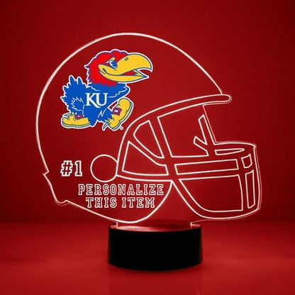 Custom University of Kansas (KU) Jayhawks Football Helmet LED Sign Night Light Lamp with Remote, Personalized Text, Officially Licensed from the CLC by Mirror Magic Gifts, Made in the USA - 1