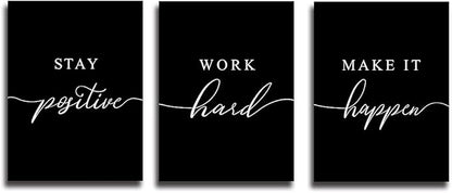 Work Hard Canvas Wall Art - Success Quote, Office Decor - Black Large Poster, Positive Motivational Set of 3 Prints (16x24in x 3pcs)