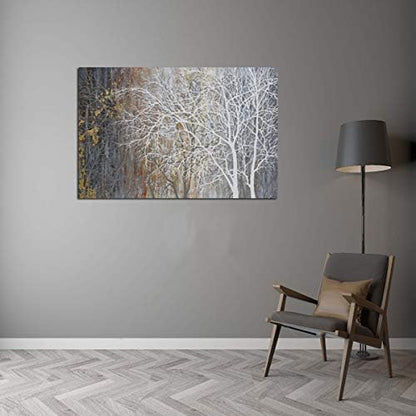 Yihui Arts Autumn Painting On Canvas White Tree Wall Art Large Landscape Falling No Leaves Artwork for Bar Club Decoration Ready to Hang
