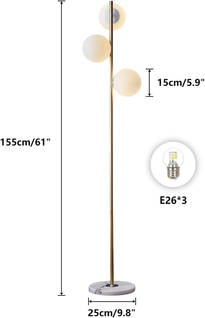 BOKT Modern 3-Lights Globe LED Floor Lamp Mid Century Brushed Gold Tall Standing Light Frosted White Glass Sphere Standing Lamp Traditional Anti Brass Corner Freestanding Lamp