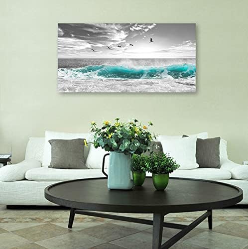 yearainn Large Ocean Canvas Wall Art for Living Room Wall Decor Teal Sea Wave Canvas Prints Artwork Seagull Birds Canvas Pictures for Bedroom Home Office Wall Decorations Ready to Hang 24" X 48"