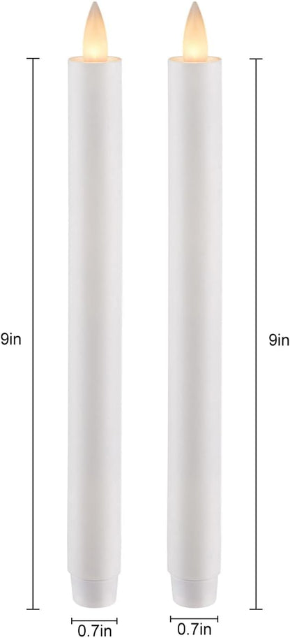 Flameless Taper Candles Flickering with Remote and Timer, 3D Moving Flame Taper Candle Battery Operated to 400 Hours, 9 Inch Window Candles, (White)