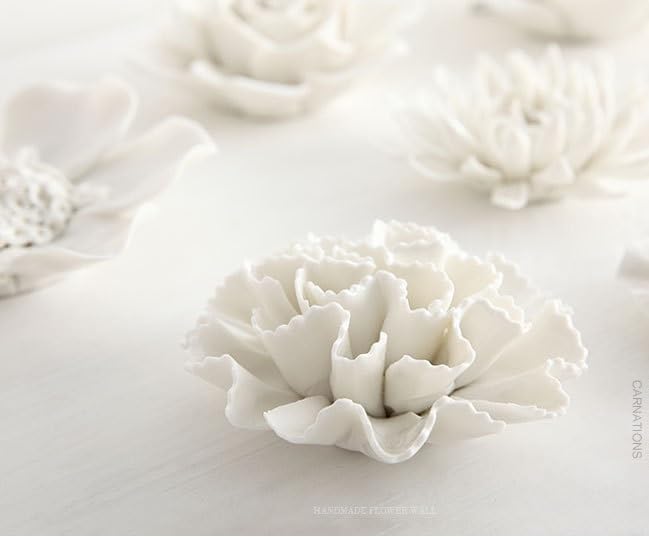 AMERRY Carnation 3.15" Ceramic 3D Wall Art, Handmade Porcelain Flower Wall Decor for Home Office Decor (White)